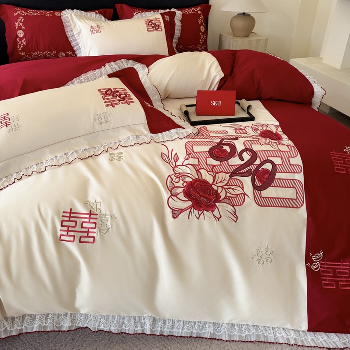 91家纺网 家纺一手货源 找家纺 甜咪咪婚庆 2026新款长绒棉全棉绣花结婚婚庆四件套多件套床单款 爱的告白