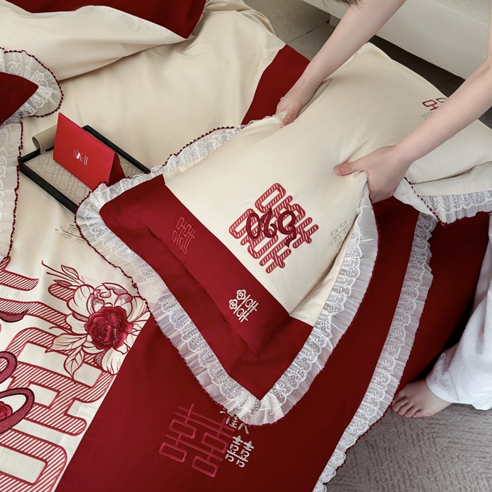 91家纺网 家纺一手货源 找家纺 甜咪咪婚庆 2026新款长绒棉全棉绣花结婚婚庆四件套多件套床单款 爱的告白