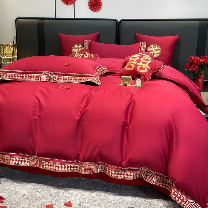 91家纺网 家纺一手货源 找家纺 甜咪咪婚庆 2026新款长绒棉全棉绣花结婚婚庆四件套多件套床单款 哈根达斯