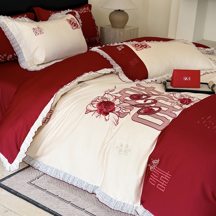 91家纺网 家纺一手货源 找家纺 甜咪咪婚庆 2026新款长绒棉全棉绣花结婚婚庆四件套多件套床单款 爱的告白