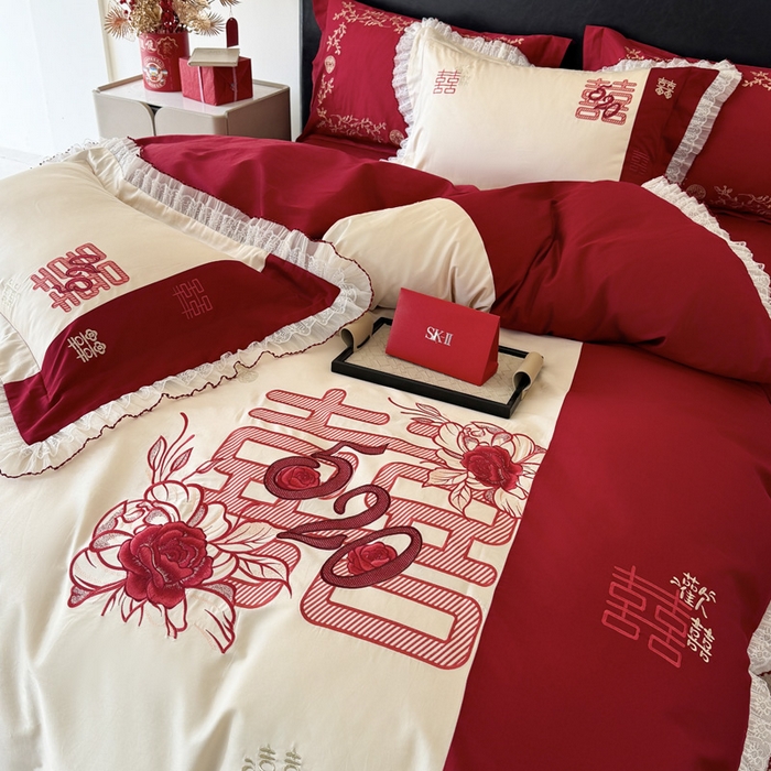 91家纺网 家纺一手货源 找家纺 甜咪咪婚庆 2026新款长绒棉全棉绣花结婚婚庆四件套多件套床单款 爱的告白