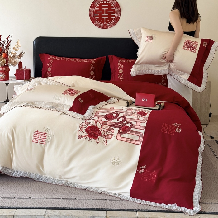 91家纺网 家纺一手货源 找家纺 甜咪咪婚庆 2026新款长绒棉全棉绣花结婚婚庆四件套多件套床单款 爱的告白