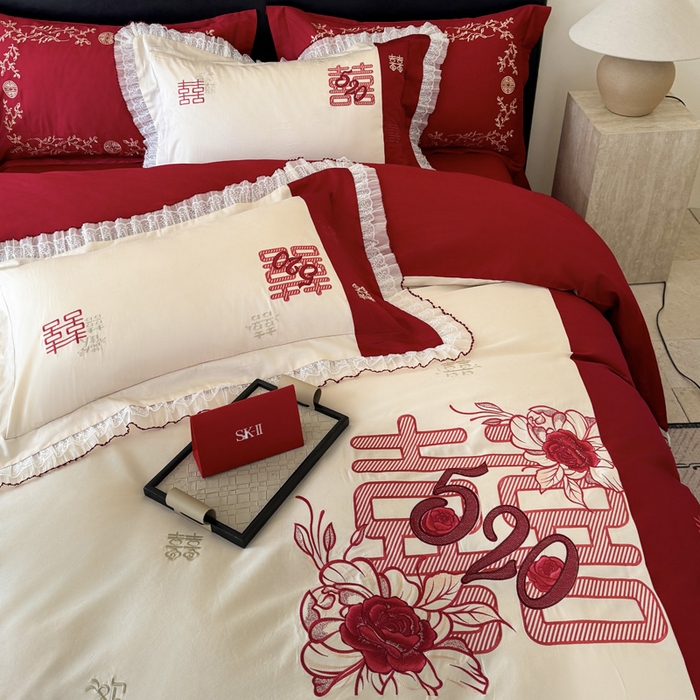 91家纺网 家纺一手货源 找家纺 甜咪咪婚庆 2026新款长绒棉全棉绣花结婚婚庆四件套多件套床单款 爱的告白