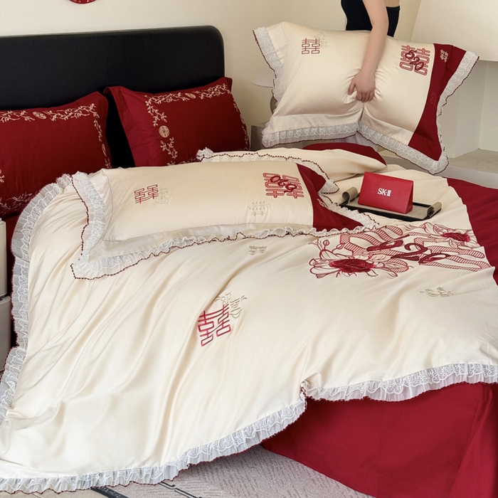 91家纺网 家纺一手货源 找家纺 甜咪咪婚庆 2026新款长绒棉全棉绣花结婚婚庆四件套多件套床单款 爱的告白