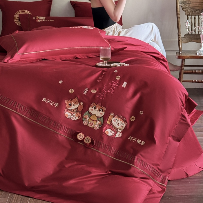 91家纺网 家纺一手货源 找家纺 甜咪咪婚庆 2026新款长绒棉全棉绣花结婚婚庆四件套多件套床单款 招财猫