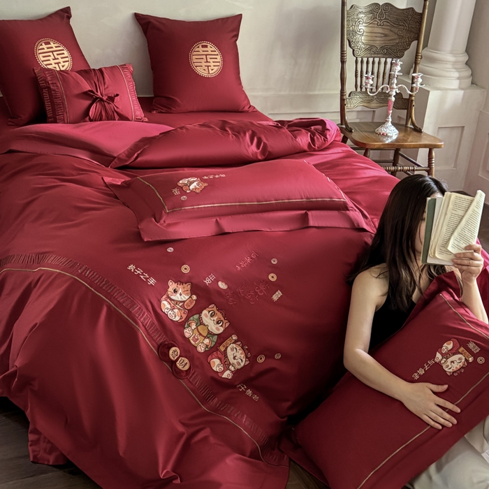 91家纺网 家纺一手货源 找家纺 甜咪咪婚庆 2026新款长绒棉全棉绣花结婚婚庆四件套多件套床单款 招财猫