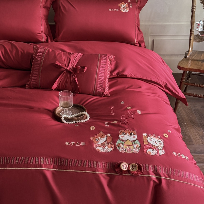 91家纺网 家纺一手货源 找家纺 甜咪咪婚庆 2026新款长绒棉全棉绣花结婚婚庆四件套多件套床单款 招财猫