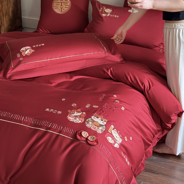 91家纺网 家纺一手货源 找家纺 甜咪咪婚庆 2026新款长绒棉全棉绣花结婚婚庆四件套多件套床单款 招财猫