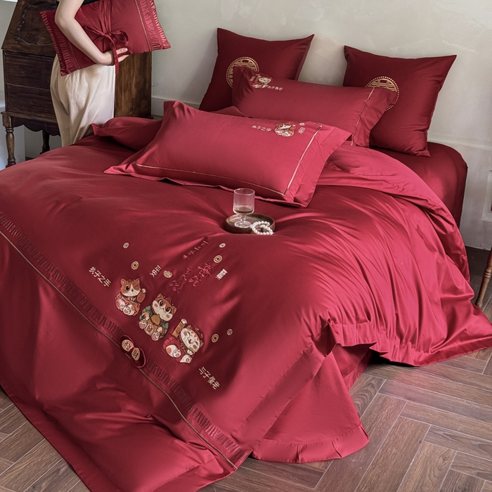 91家纺网 家纺一手货源 找家纺 甜咪咪婚庆 2026新款长绒棉全棉绣花结婚婚庆四件套多件套床单款 招财猫