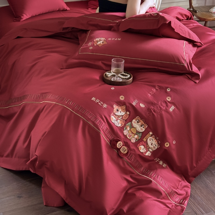 91家纺网 家纺一手货源 找家纺 甜咪咪婚庆 2026新款长绒棉全棉绣花结婚婚庆四件套多件套床单款 招财猫