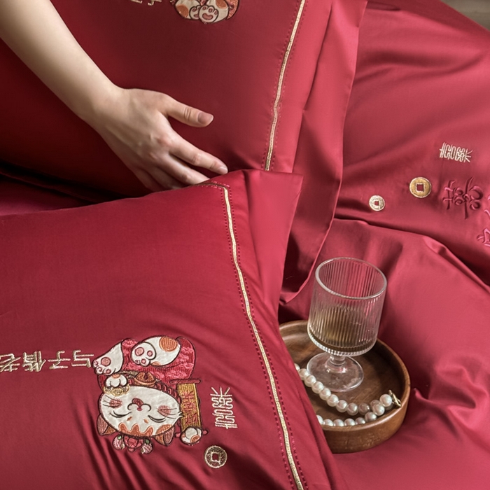 91家纺网 家纺一手货源 找家纺 甜咪咪婚庆 2026新款长绒棉全棉绣花结婚婚庆四件套多件套床单款 招财猫