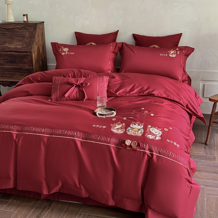 91家纺网 家纺一手货源 找家纺 甜咪咪婚庆 2026新款长绒棉全棉绣花结婚婚庆四件套多件套床单款 招财猫