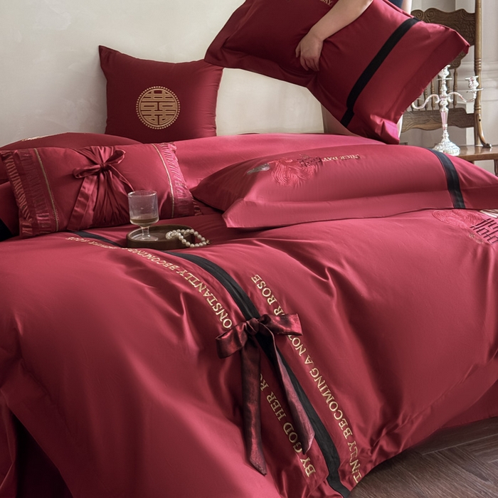 91家纺网 家纺一手货源 找家纺 甜咪咪婚庆 2026新款长绒棉全棉绣花结婚婚庆四件套多件套床单款 天生一对