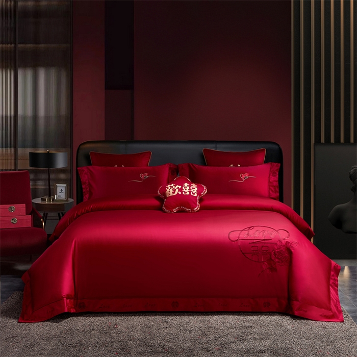 甜咪咪婚庆 2026新款长绒棉全棉绣花结婚婚庆四件套多件套床单款 爱相随