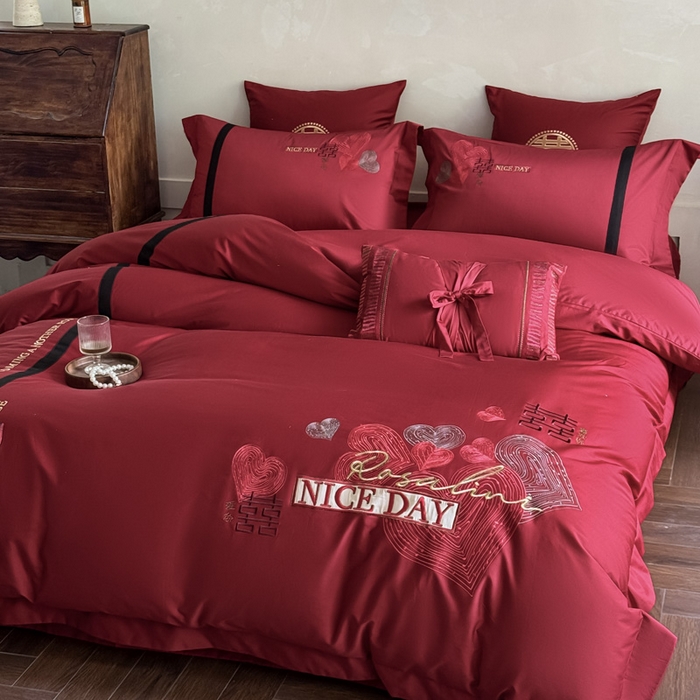 91家纺网 家纺一手货源 找家纺 甜咪咪婚庆 2026新款长绒棉全棉绣花结婚婚庆四件套多件套床单款 天生一对