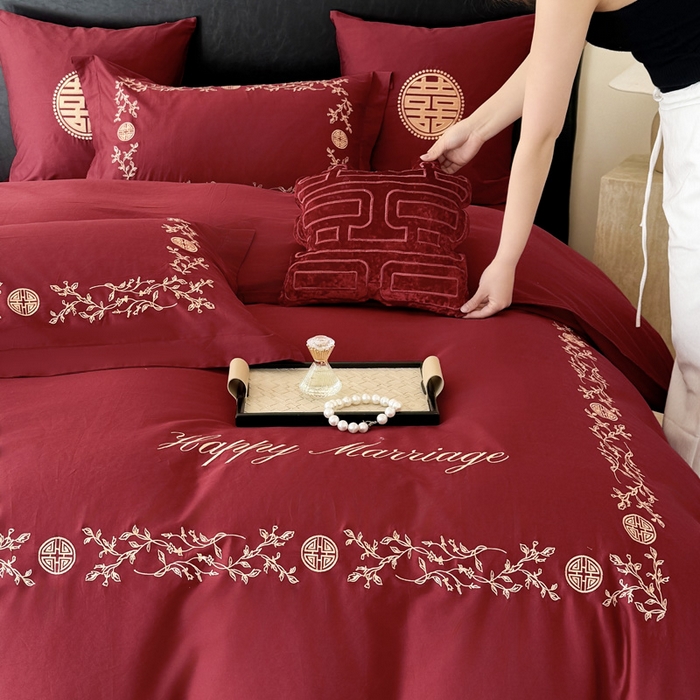 91家纺网 家纺一手货源 找家纺 甜咪咪婚庆 2026新款长绒棉全棉绣花结婚婚庆四件套多件套床单款 爱丽丝