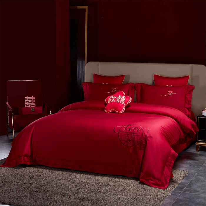 91家纺网 家纺一手货源 找家纺 甜咪咪婚庆 2026新款长绒棉全棉绣花结婚婚庆四件套多件套床单款 爱相随