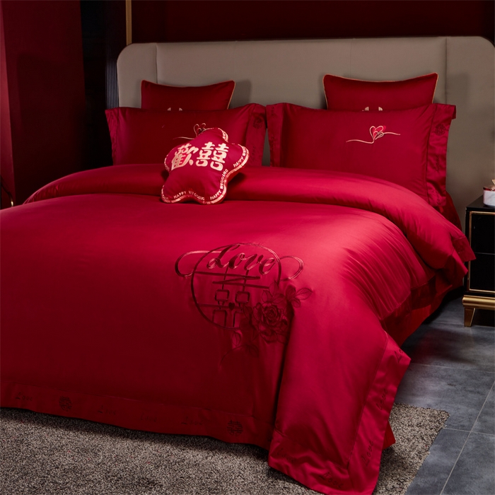 91家纺网 家纺一手货源 找家纺 甜咪咪婚庆 2026新款长绒棉全棉绣花结婚婚庆四件套多件套床单款 爱相随