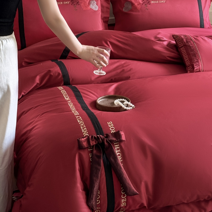 91家纺网 家纺一手货源 找家纺 甜咪咪婚庆 2026新款长绒棉全棉绣花结婚婚庆四件套多件套床单款 天生一对