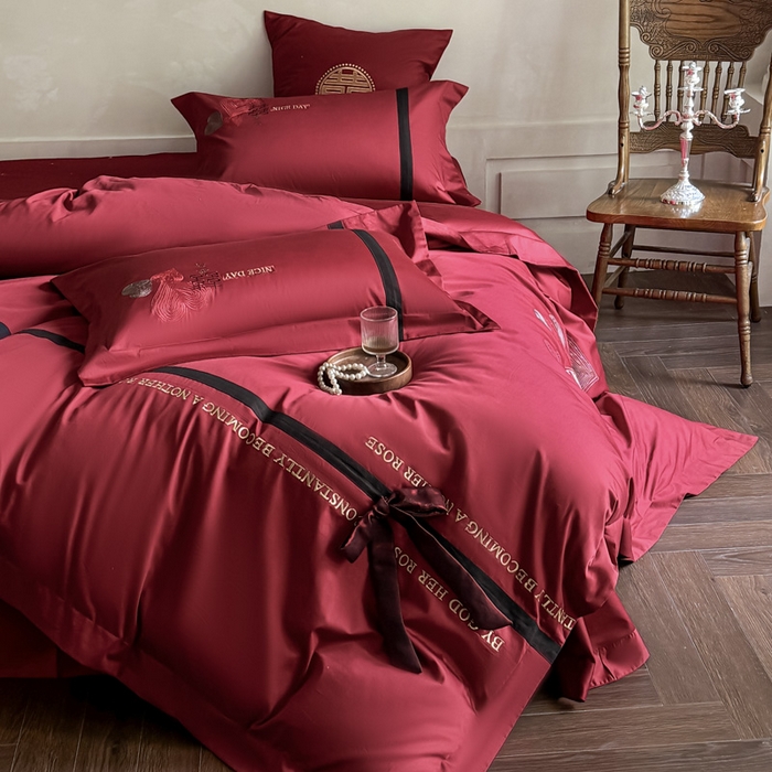 91家纺网 家纺一手货源 找家纺 甜咪咪婚庆 2026新款长绒棉全棉绣花结婚婚庆四件套多件套床单款 天生一对