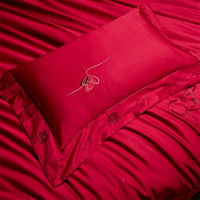 91家纺网 家纺一手货源 找家纺 甜咪咪婚庆 2026新款长绒棉全棉绣花结婚婚庆四件套多件套床单款 爱相随