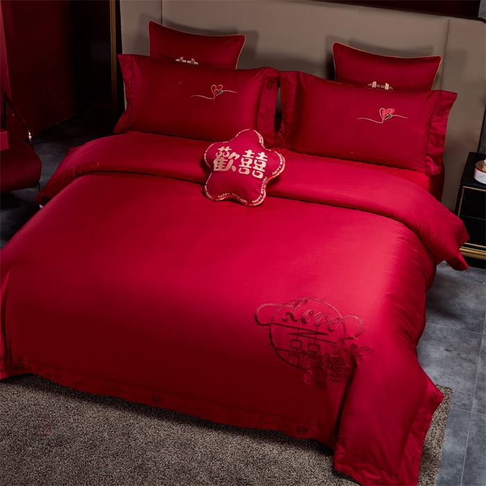 91家纺网 家纺一手货源 找家纺 甜咪咪婚庆 2026新款长绒棉全棉绣花结婚婚庆四件套多件套床单款 爱相随