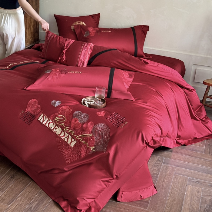 91家纺网 家纺一手货源 找家纺 甜咪咪婚庆 2026新款长绒棉全棉绣花结婚婚庆四件套多件套床单款 天生一对