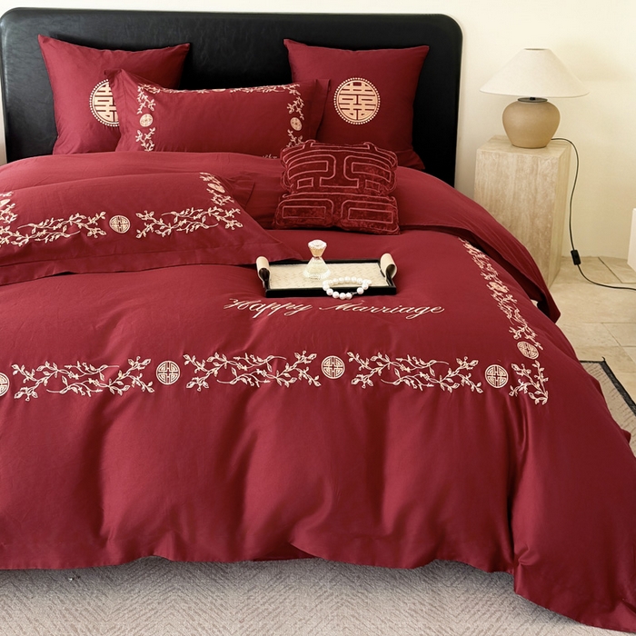 91家纺网 家纺一手货源 找家纺 甜咪咪婚庆 2026新款长绒棉全棉绣花结婚婚庆四件套多件套床单款 爱丽丝