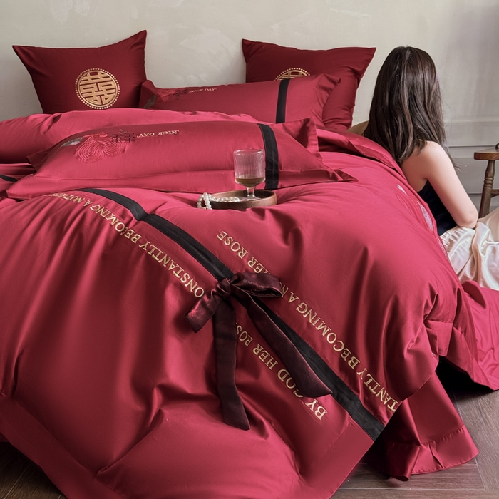 91家纺网 家纺一手货源 找家纺 甜咪咪婚庆 2026新款长绒棉全棉绣花结婚婚庆四件套多件套床单款 天生一对