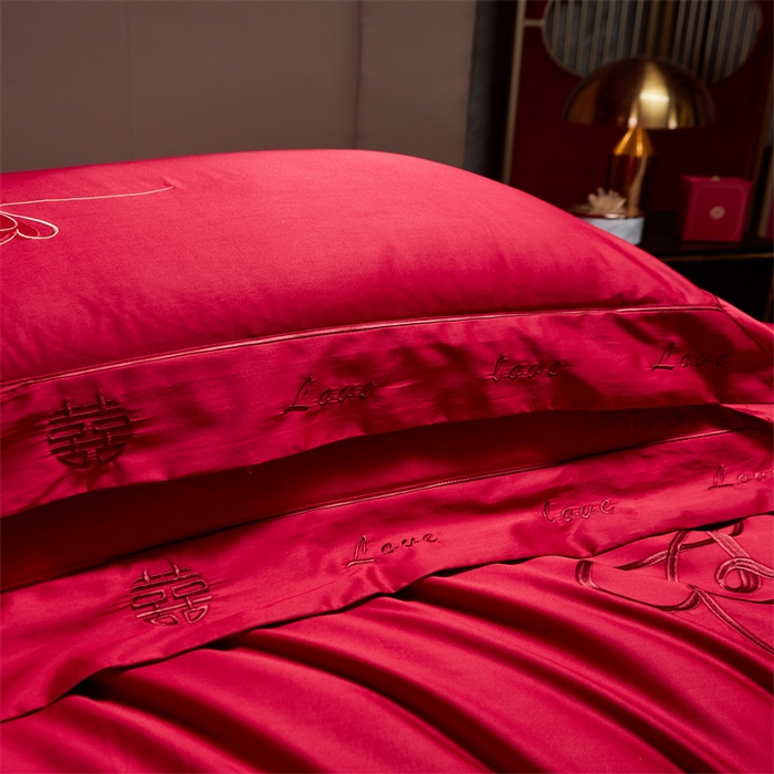 91家纺网 家纺一手货源 找家纺 甜咪咪婚庆 2026新款长绒棉全棉绣花结婚婚庆四件套多件套床单款 爱相随