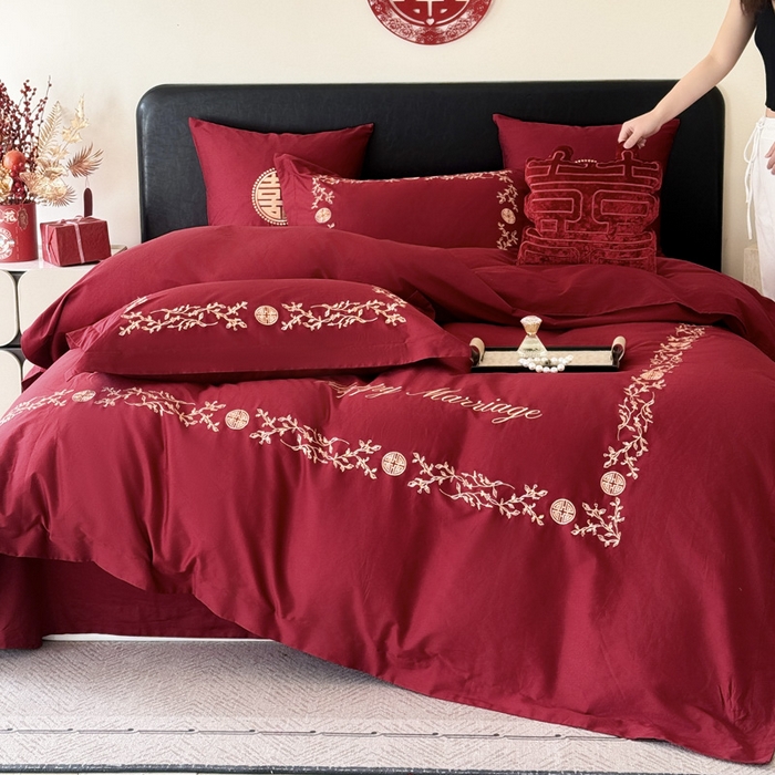 91家纺网 家纺一手货源 找家纺 甜咪咪婚庆 2026新款长绒棉全棉绣花结婚婚庆四件套多件套床单款 爱丽丝