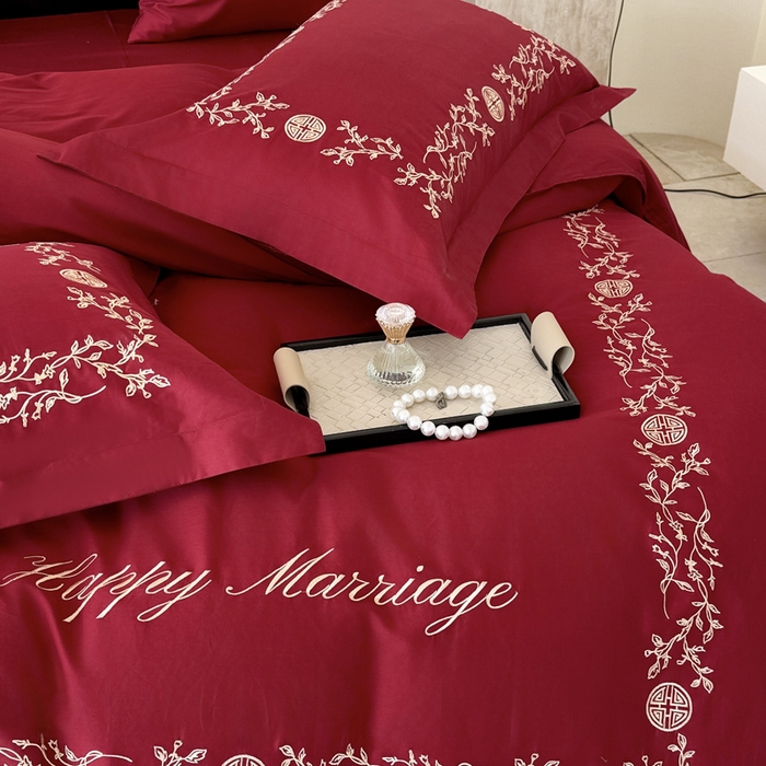 91家纺网 家纺一手货源 找家纺 甜咪咪婚庆 2026新款长绒棉全棉绣花结婚婚庆四件套多件套床单款 爱丽丝