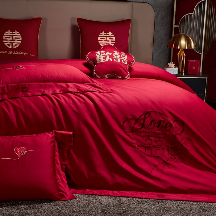 91家纺网 家纺一手货源 找家纺 甜咪咪婚庆 2026新款长绒棉全棉绣花结婚婚庆四件套多件套床单款 爱相随