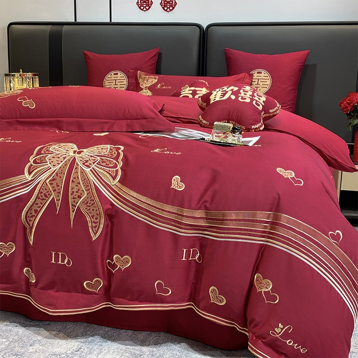 91家纺网 家纺一手货源 找家纺 甜咪咪婚庆 2026新款长绒棉全棉绣花结婚婚庆四件套多件套床单款 浪漫满屋豆沙