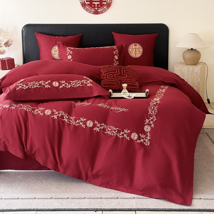 91家纺网 家纺一手货源 找家纺 甜咪咪婚庆 2026新款长绒棉全棉绣花结婚婚庆四件套多件套床单款 爱丽丝