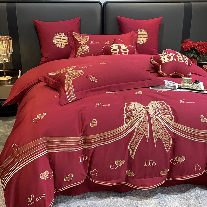 91家纺网 家纺一手货源 找家纺 甜咪咪婚庆 2026新款长绒棉全棉绣花结婚婚庆四件套多件套床单款 浪漫满屋豆沙