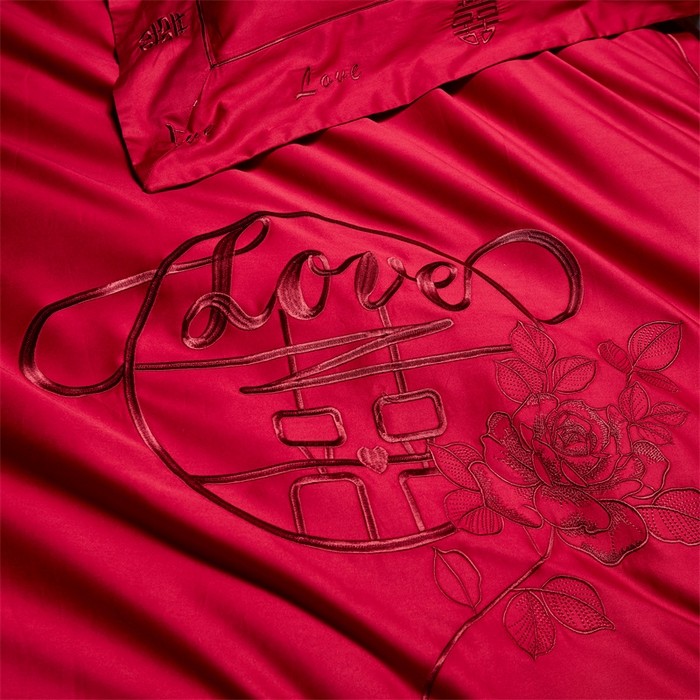 91家纺网 家纺一手货源 找家纺 甜咪咪婚庆 2026新款长绒棉全棉绣花结婚婚庆四件套多件套床单款 爱相随