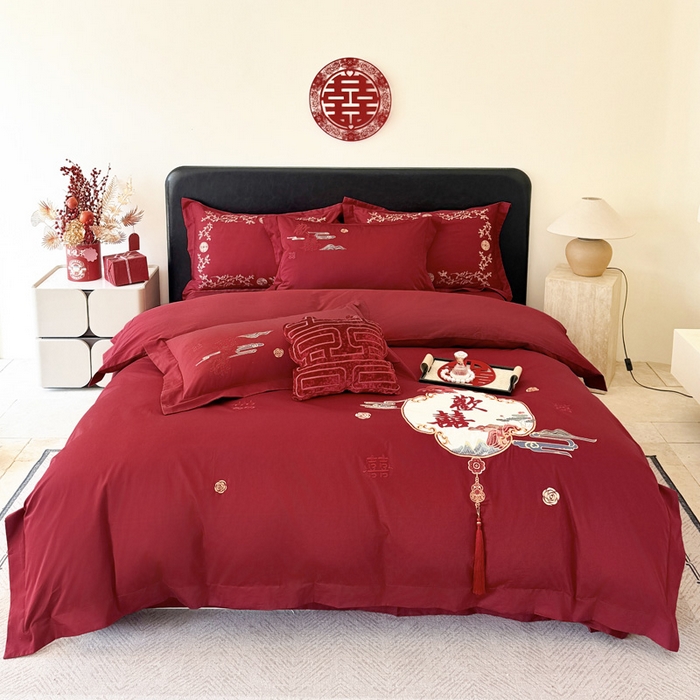 甜咪咪婚庆 2026新款长绒棉全棉绣花结婚婚庆四件套多件套床单款 心欢喜