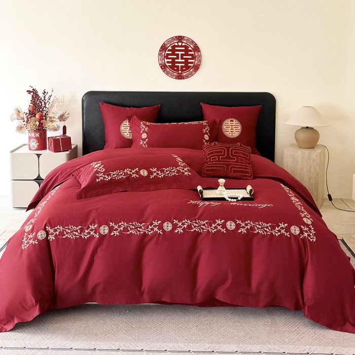甜咪咪婚庆 2026新款长绒棉全棉绣花结婚婚庆四件套多件套床单款 爱丽丝
