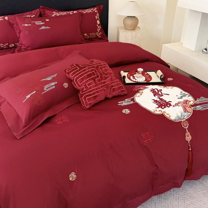 91家纺网 家纺一手货源 找家纺 甜咪咪婚庆 2026新款长绒棉全棉绣花结婚婚庆四件套多件套床单款 心欢喜