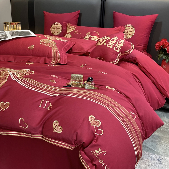 91家纺网 家纺一手货源 找家纺 甜咪咪婚庆 2026新款长绒棉全棉绣花结婚婚庆四件套多件套床单款 浪漫满屋豆沙