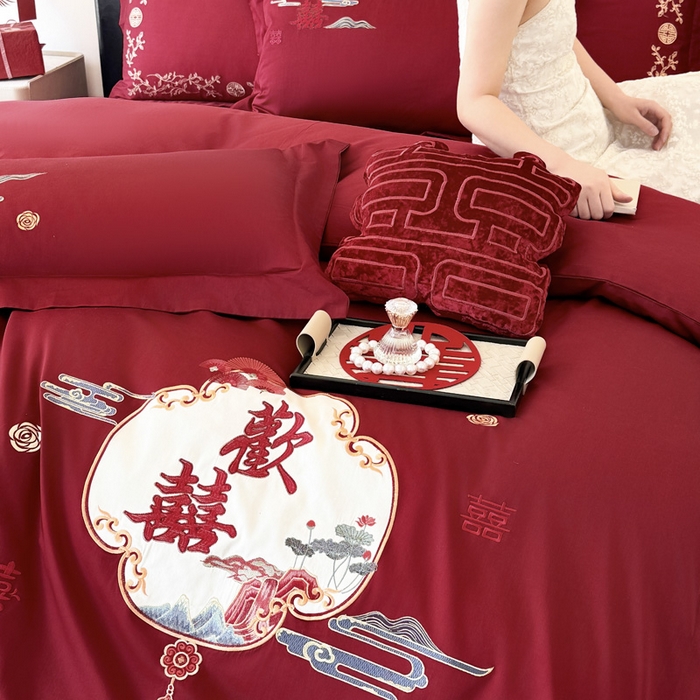 91家纺网 家纺一手货源 找家纺 甜咪咪婚庆 2026新款长绒棉全棉绣花结婚婚庆四件套多件套床单款 心欢喜