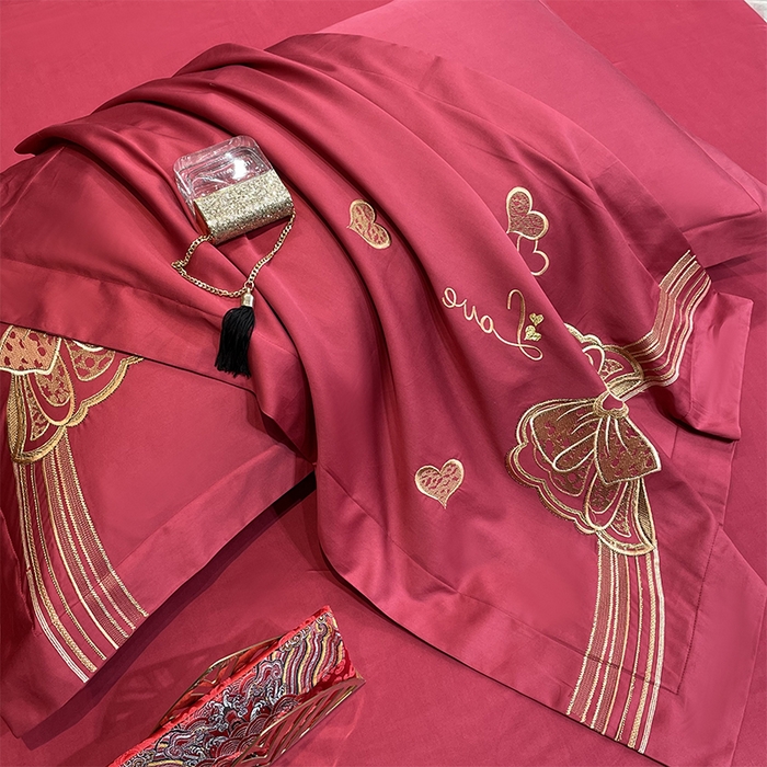 91家纺网 家纺一手货源 找家纺 甜咪咪婚庆 2026新款长绒棉全棉绣花结婚婚庆四件套多件套床单款 浪漫满屋豆沙