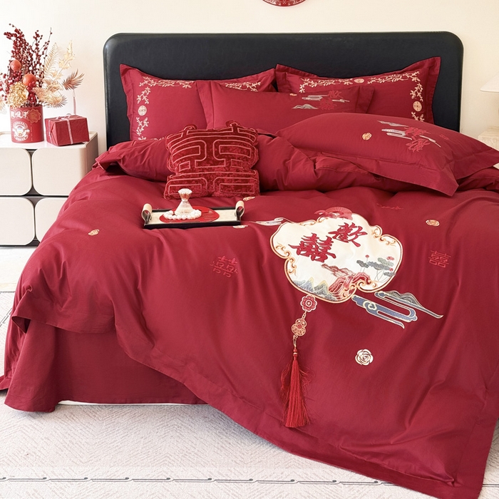 91家纺网 家纺一手货源 找家纺 甜咪咪婚庆 2026新款长绒棉全棉绣花结婚婚庆四件套多件套床单款 心欢喜