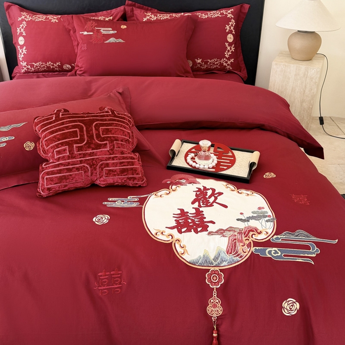 91家纺网 家纺一手货源 找家纺 甜咪咪婚庆 2026新款长绒棉全棉绣花结婚婚庆四件套多件套床单款 心欢喜