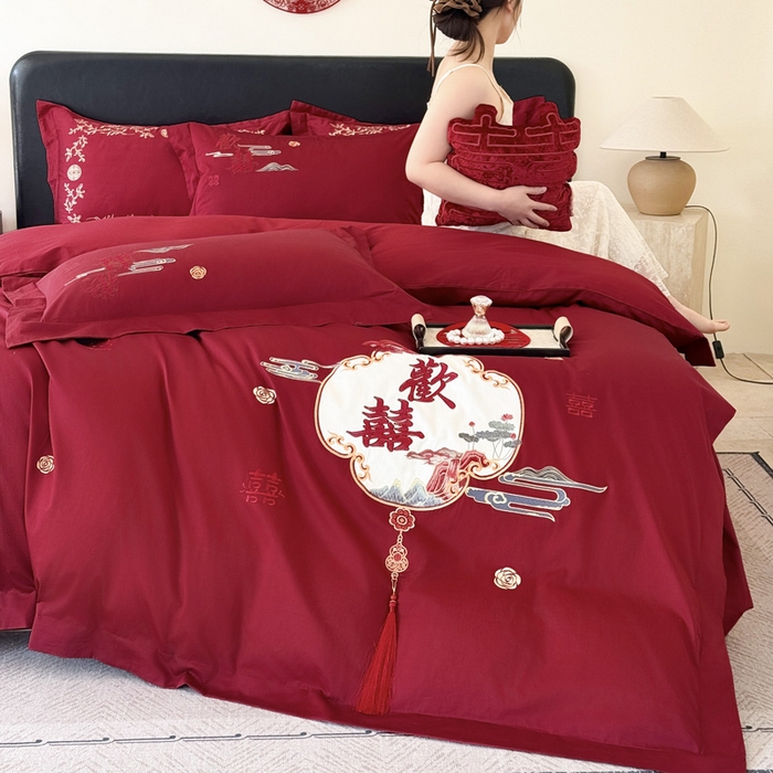 91家纺网 家纺一手货源 找家纺 甜咪咪婚庆 2026新款长绒棉全棉绣花结婚婚庆四件套多件套床单款 心欢喜