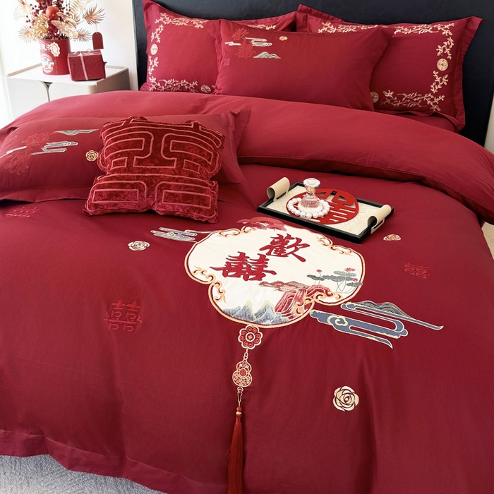 91家纺网 家纺一手货源 找家纺 甜咪咪婚庆 2026新款长绒棉全棉绣花结婚婚庆四件套多件套床单款 心欢喜