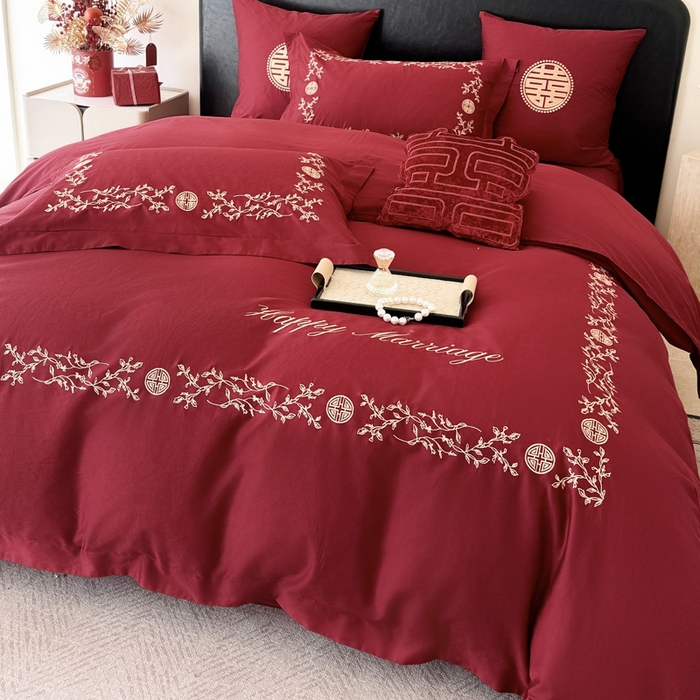 91家纺网 家纺一手货源 找家纺 甜咪咪婚庆 2026新款长绒棉全棉绣花结婚婚庆四件套多件套床单款 爱丽丝