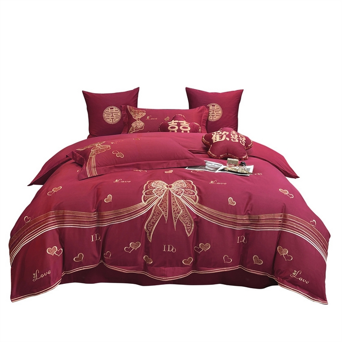 91家纺网 家纺一手货源 找家纺 甜咪咪婚庆 2026新款长绒棉全棉绣花结婚婚庆四件套多件套床单款 浪漫满屋豆沙