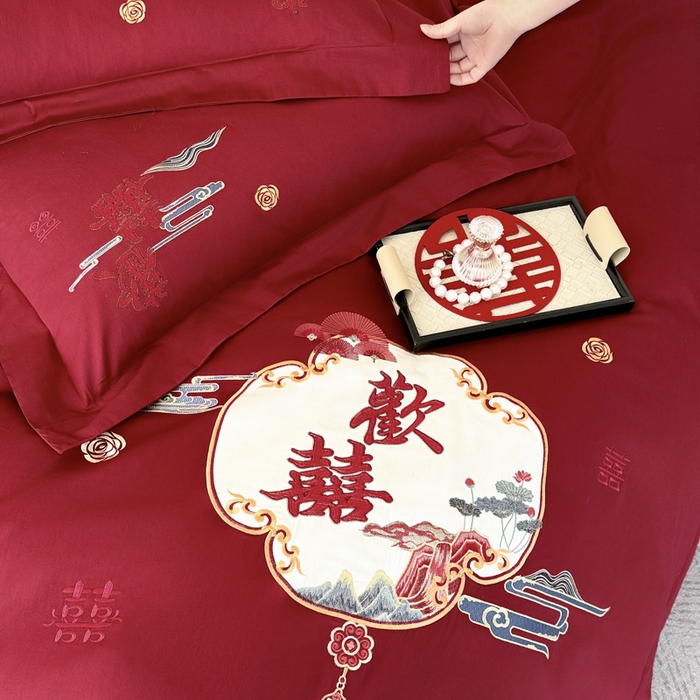 91家纺网 家纺一手货源 找家纺 甜咪咪婚庆 2026新款长绒棉全棉绣花结婚婚庆四件套多件套床单款 心欢喜